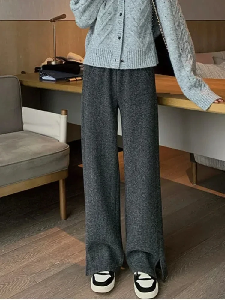 Women Pants Autumn Winter Thickening High Waisted Wool Wide Leg Pants Women Fashion Chevron Lengthening Leg Opening Floor Length