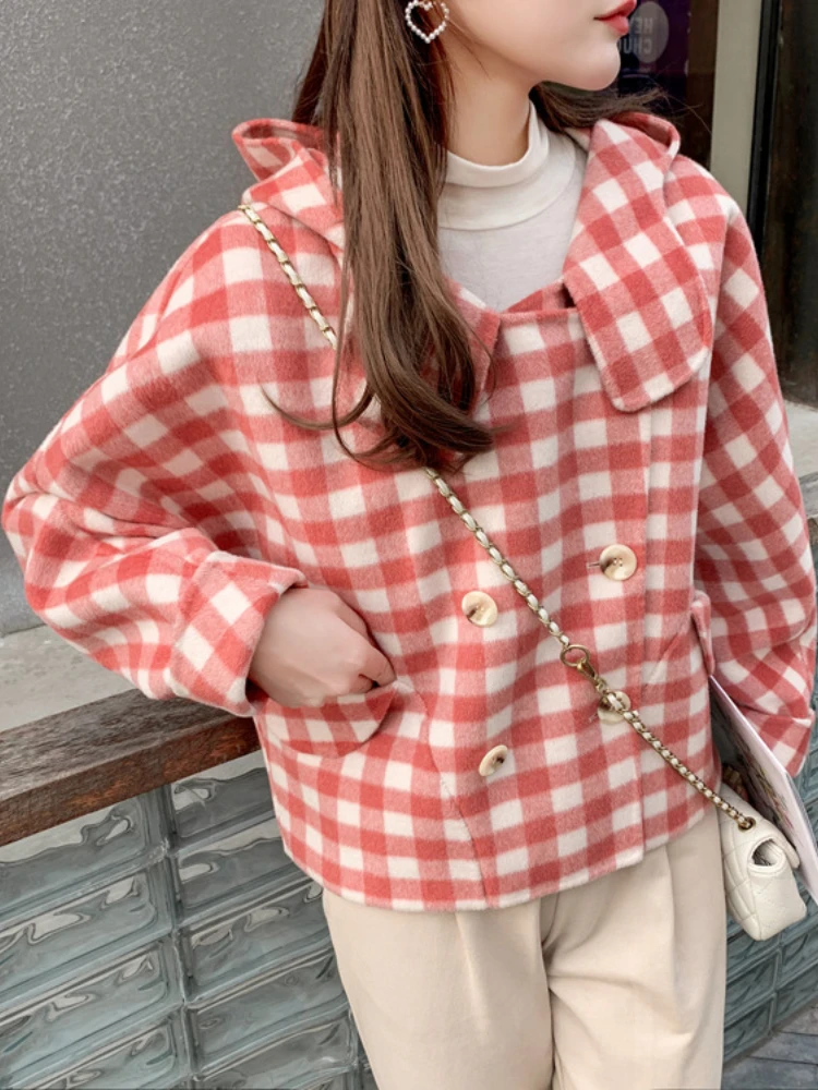 

2023 Fashion Plaid Cold Wool Blends Cashmere Real Fur Coat Double Breasted Hooded Cute Winter Women Warm Outerwear