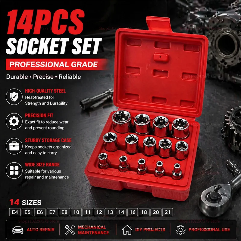 

14PC Female E Star Torx Socket Set E4 E24 External Hex Automotive Auto Repair Mechanics Durable Hand Tool Kit for Vehicles