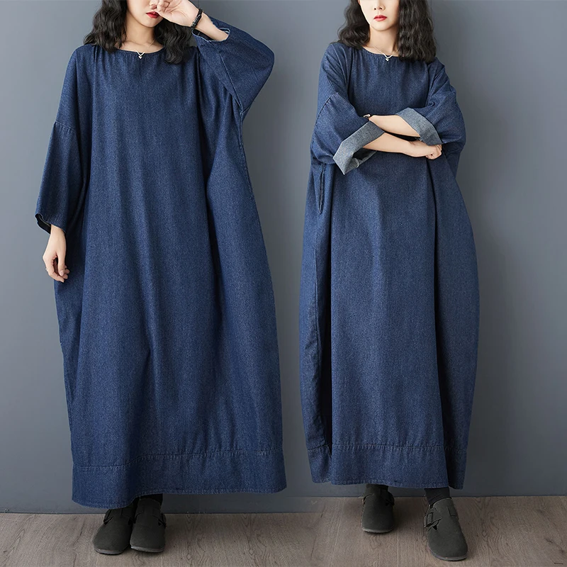 

Ретро джинсовое платье с длинным рукавом, новинка ранней весны, художественный дизайн, большие размеры, свободный крой, женское, повседневное, стройнящее, удлиненная юбка, для города и поездок на работу