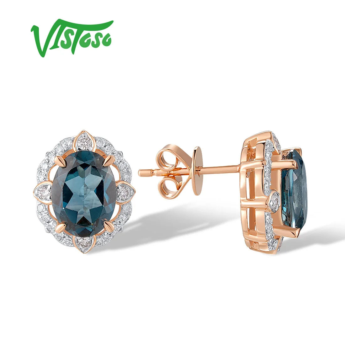 VISTOSO Real 14K 585 Rose Gold Stud Earrings For Women Sparkling Diamond London Bllue Topaz Elegant Wedding Gifts Fine Jewelry