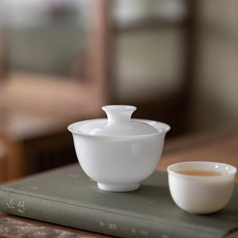Suet Jade Ice Seed Small Cover Bowl Household Ceramic Tea Bowl High-end Not Hot Ercai Tea Bowl Kung Fu Teacup Tea Maker Gaiwan