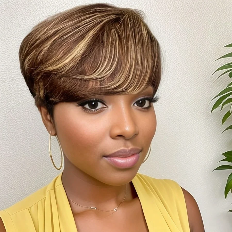 

P427 Цветной мелированный парик Человеческие волосы Короткие парики из натуральных волос с стрижкой пикси с челкой Многослойные цветные полностью машинные парики для мальчиков