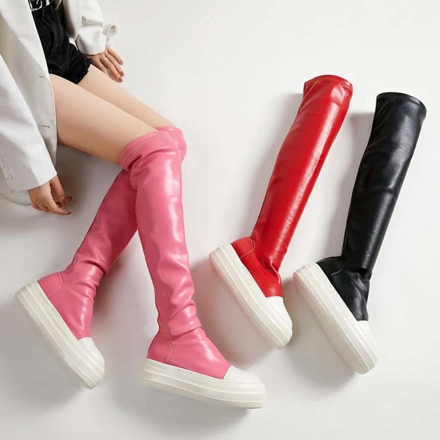 

Thick Sole Fashion Sneaker Women Over the Knee Boots Thigh High Platform Creeper Oxfords Pull On Round Toe Casual Shoe