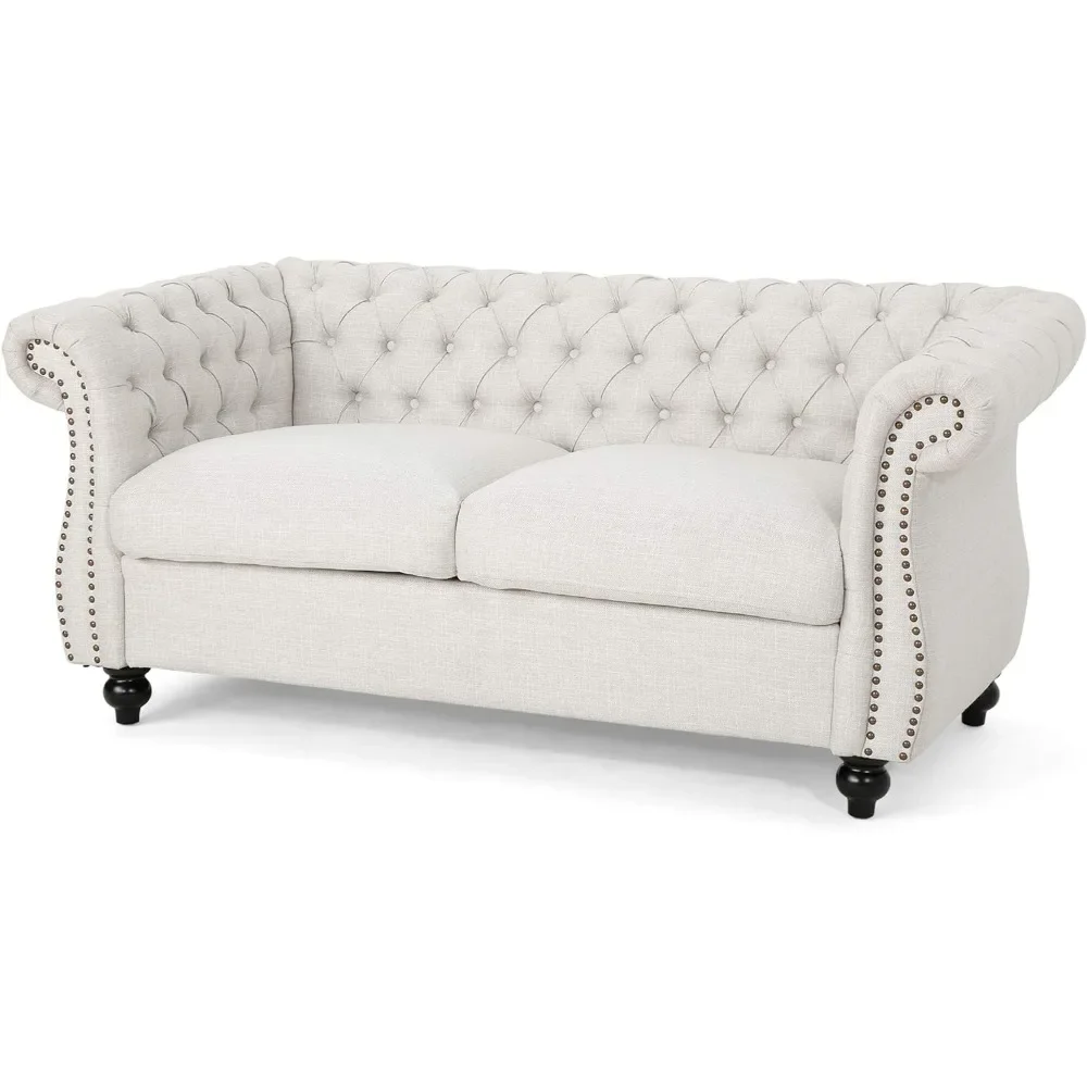 Knight Home Karen Traditional Chesterfield Loveseat Sofa, Beige and Dark Brown, 61.75 x 33.75 x 27.75