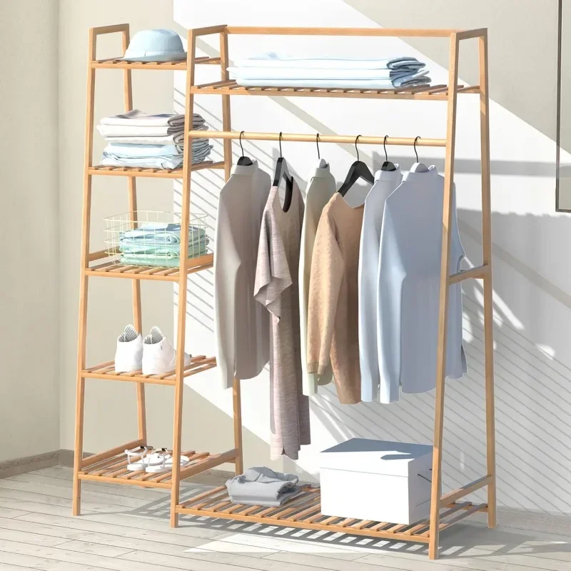 

Bamboo Clothing Garment Rack,Free Standing Clothes Coat Hanger,Closet Organizer W/Shoe Rack,Multi-tiered Wardrobe Storage