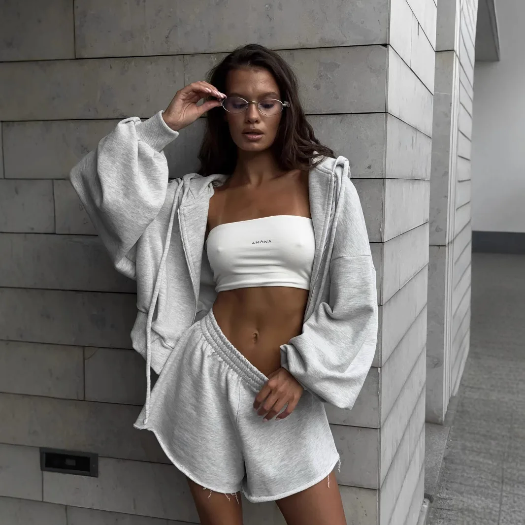 

2025 Autumn Casual Women's Wear Solid Color Long Sleeve Hooded Drawstring Sweatshirt Shorts Suit Jacket Shorts Two-piece Set
