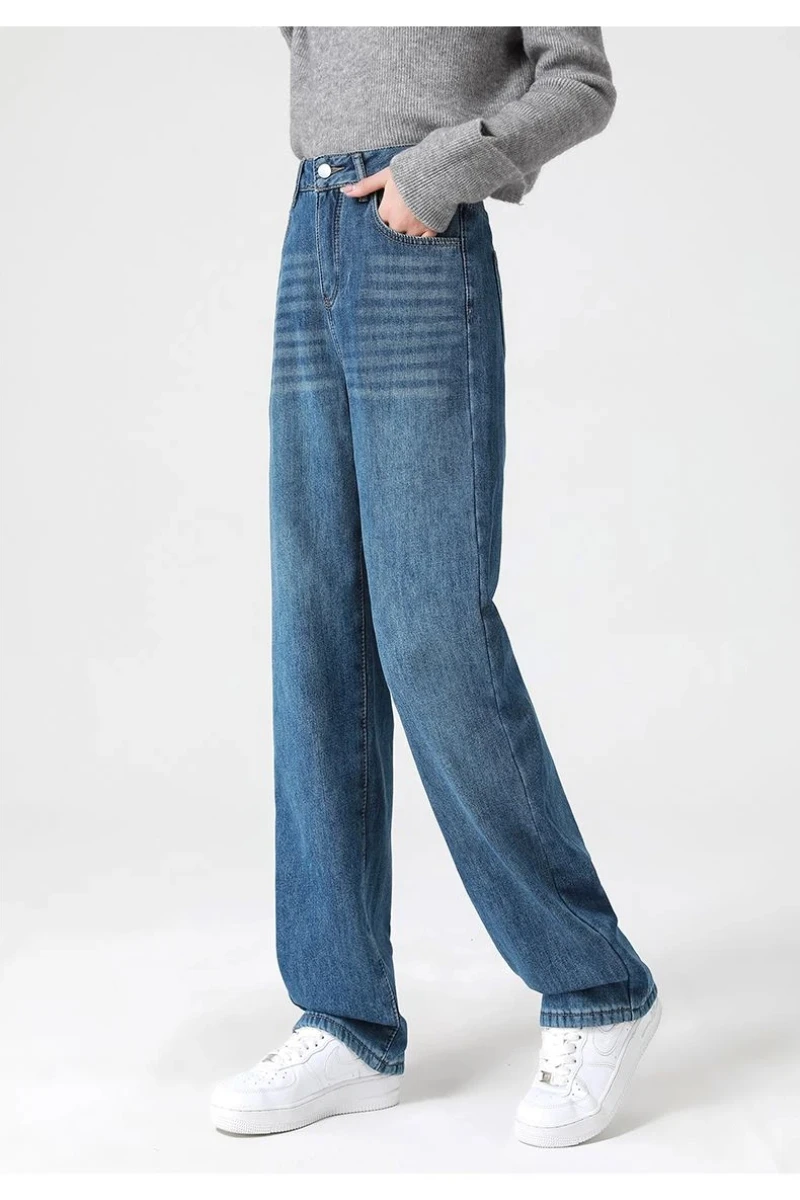 Light Blue Y2K High Waist Fleece Lined Women's Jeans Stretchy Loose Fit Streetwear Style Petite Friendly Comfort Jeans