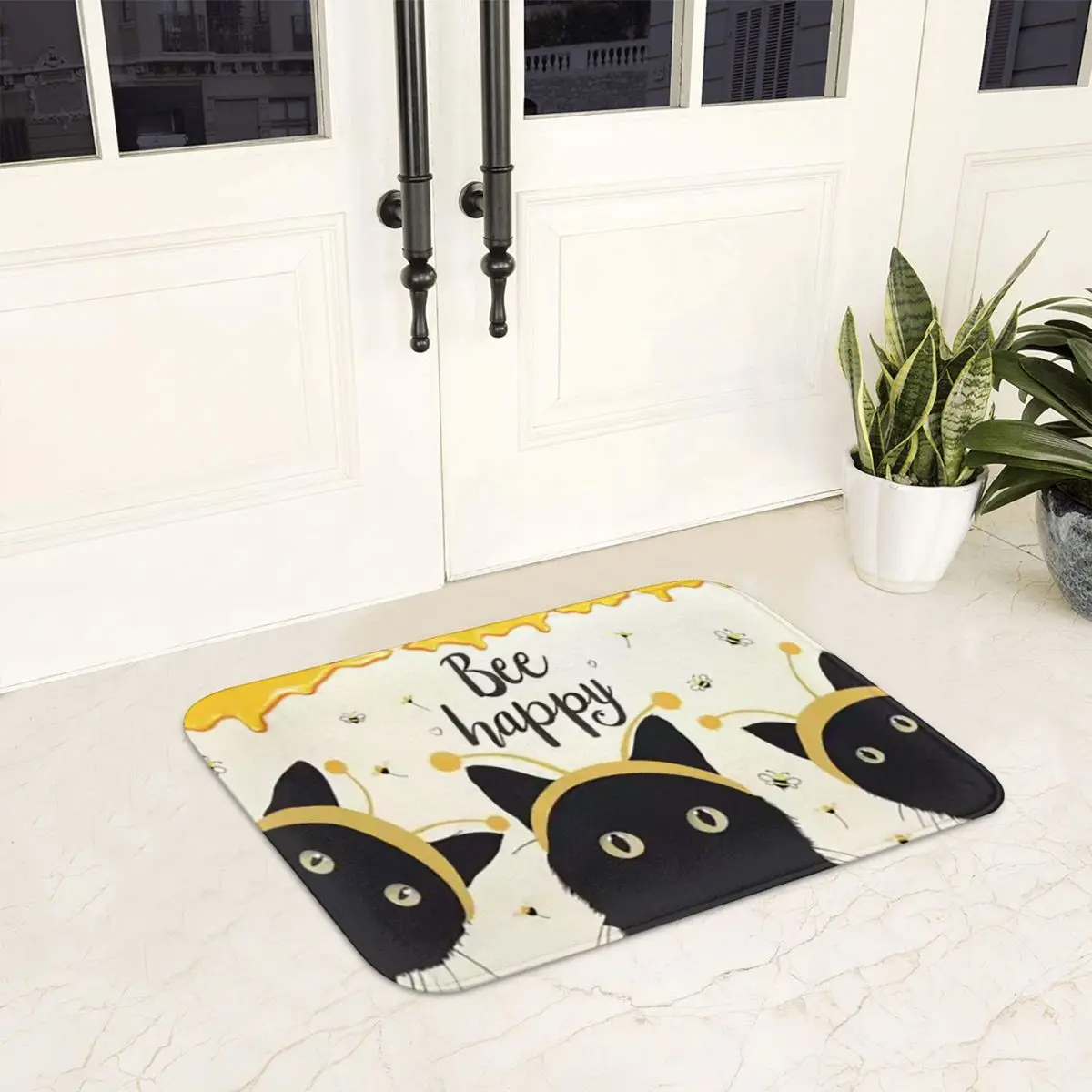 Bee Happy Cat Pattern Anti-slip Doormat Floor Mat Sand Scraping Carpet Rug for Kitchen Entrance Home Balcony Footpad Mats