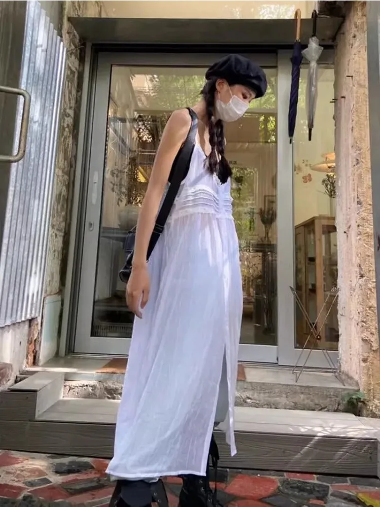2024 Summer Y2k Fairycore White Camisole Dress for Women Mid-length Loose Vestidos Mujer 2024 Summer New V-neck Thin Dresses