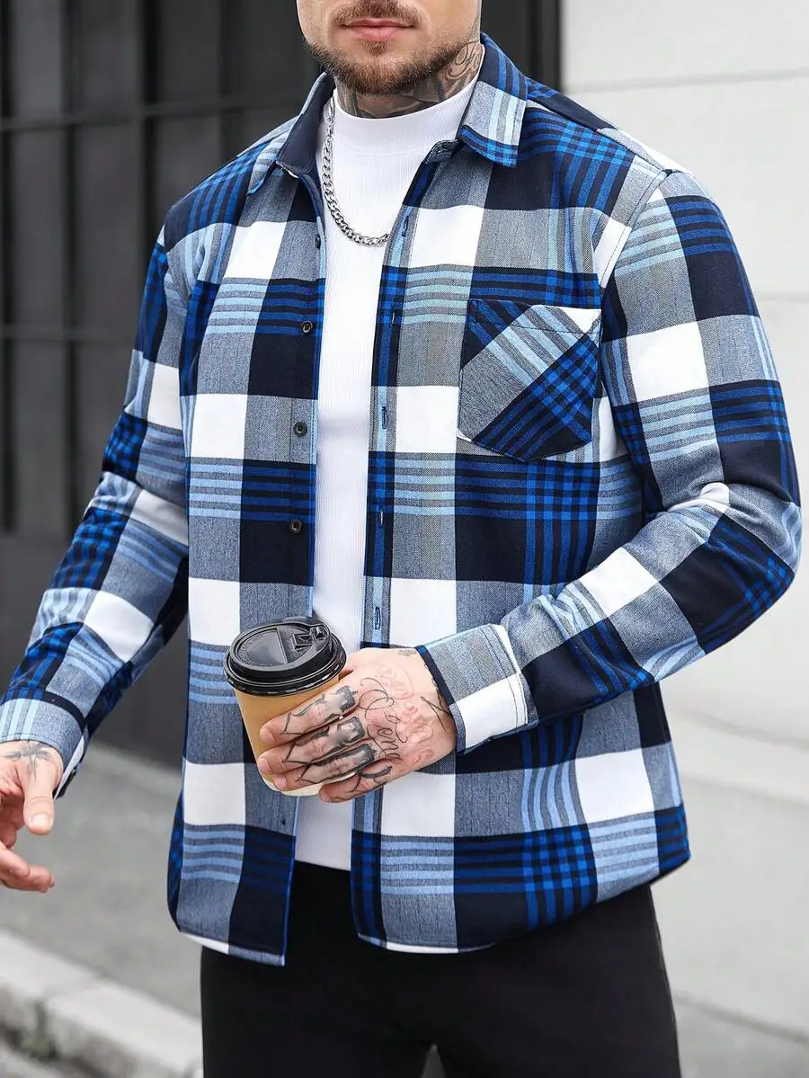 Camisa Casual a Cuadros para Hombre Manfinity CasualCool, Manga Larga con Botones y Bolsillos, Azul Otoño, Camisas en Blanco y Negro para Hombre