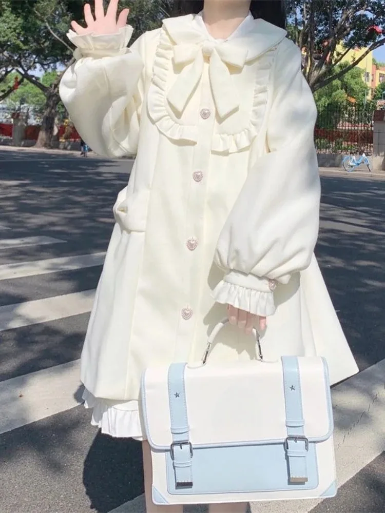 Japanese Sweet Bow Preppy Style Coat Women Patchwork Ruffled Harajuku A-line Jackets Y2k Aesthetic Grunge Single Breasted Jacket #4