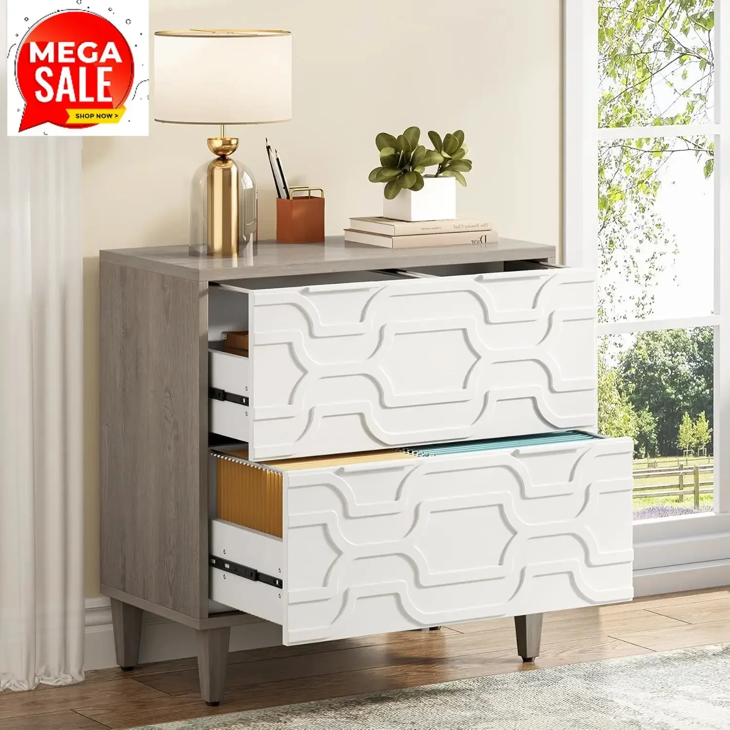 White Gray Lateral Filing Cabinet Two Drawer Office Storage Printer Stand Home Organization For A4 Letter Legal Size