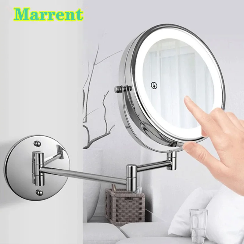 

Dual Arm Folding 8 Inches Round Bathroom Makeup Mirrors with Led Light 3x/5x Magnifying Black Illuminated Bathroom Mirrors