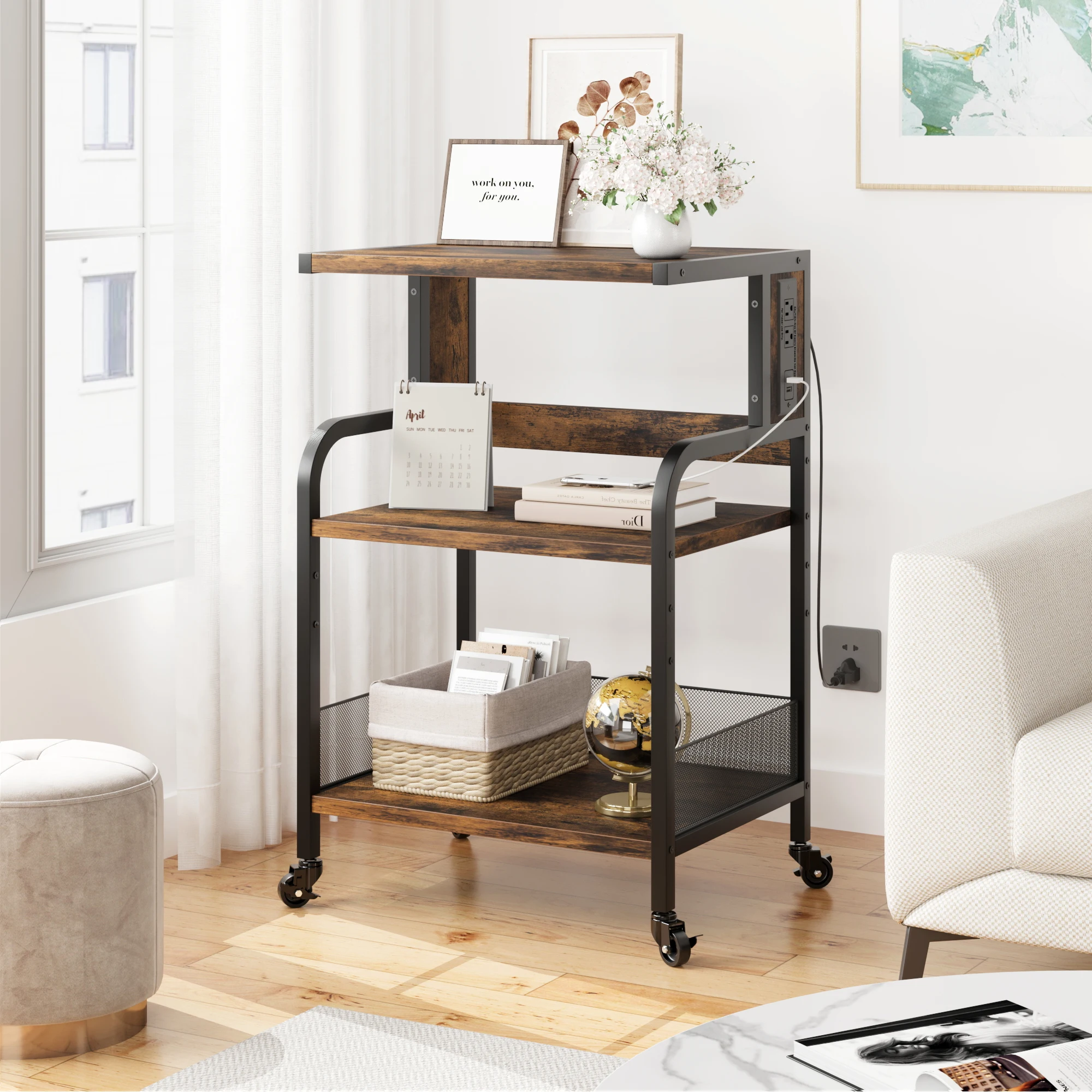 3 Tier Printer Stand with Storage and Wheels,Metal Frames & Wooden Laminate Shelves,Printer Cart with Charging Station