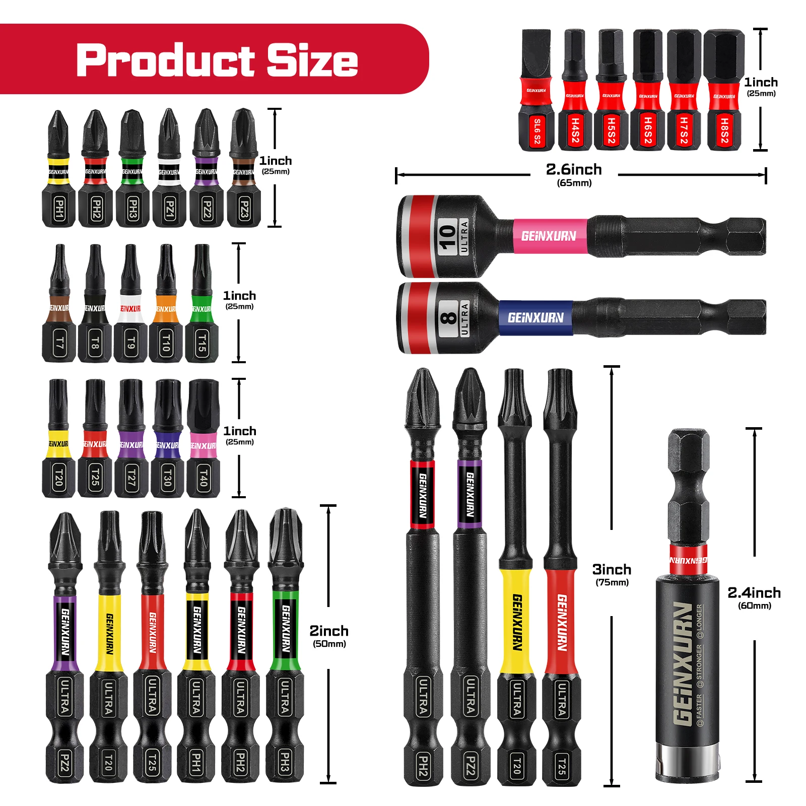 Geinxurn Ultra Torque Impact Screwdriver Bit Set(PH/PZ/Torx/Hex), Mixed Multi-Insert Bit Tips with Bit Holder and Storage Case