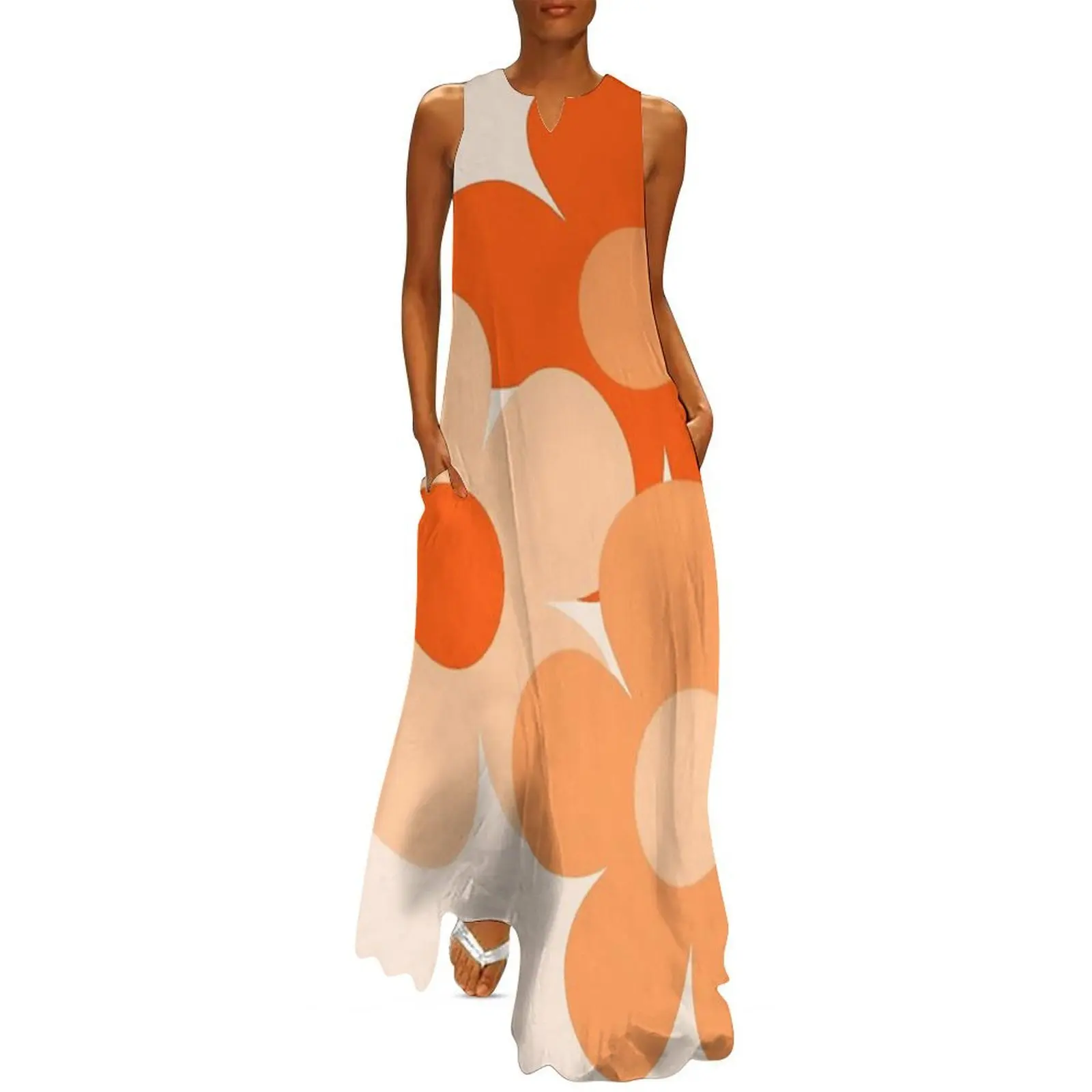 

60's Flower Power Pop Flowers in Orange and Cream Long Dress summer dress woman 2025 trendy Dress women