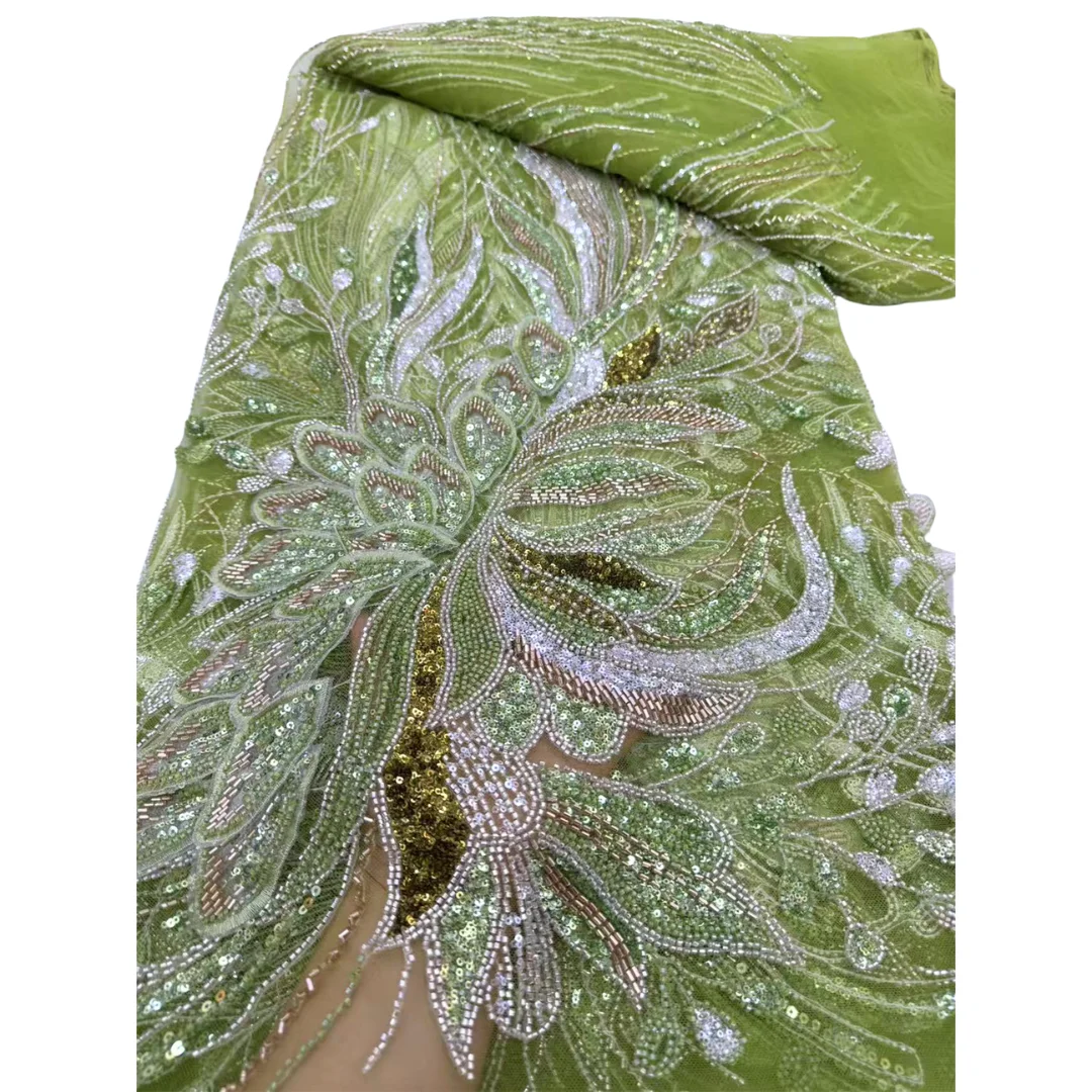 Luxury African Lace Fabric Hand Beaded Sequins High Quality Embroidered Tulle Mesh For Bridal Wedding Dress Sewing 5 Yards