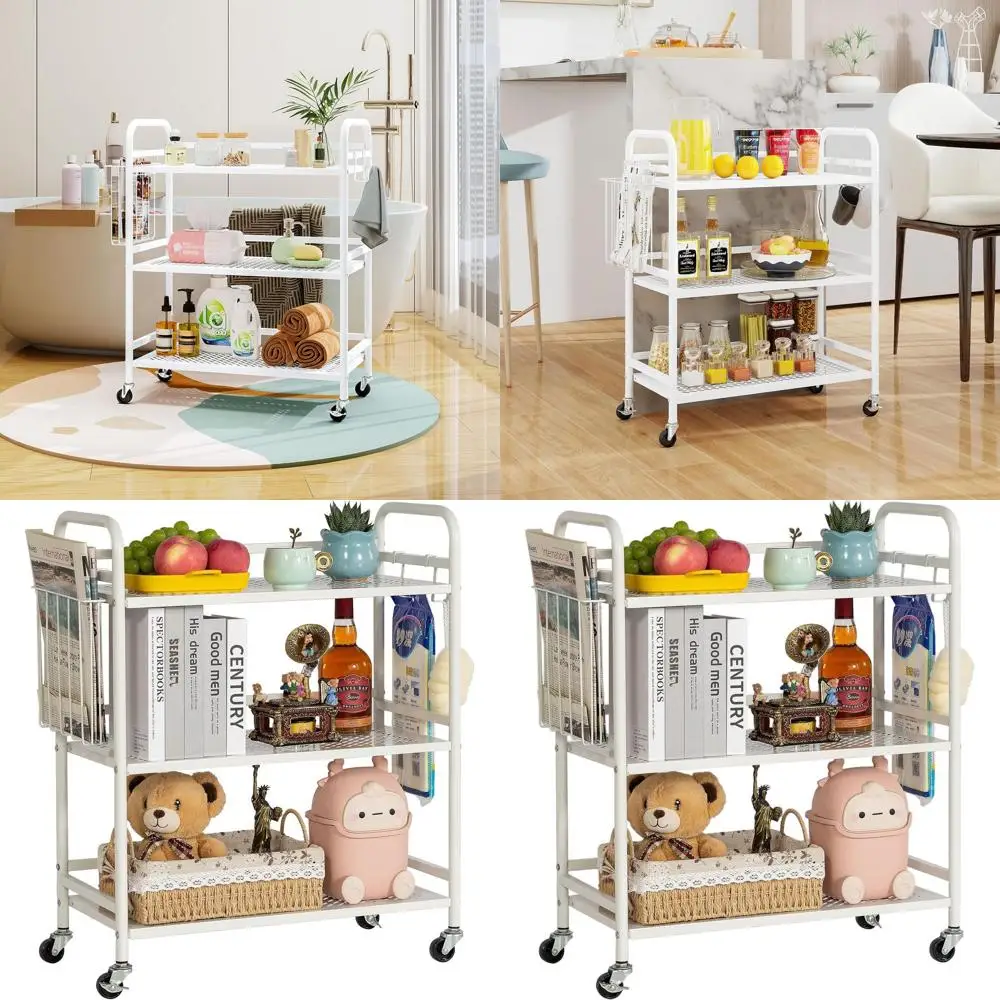 

Large 3-Tier Metal Mesh Utility Cart with High Capacity, Multipurpose Rolling Trolley featuring Hooks and Basket (White)