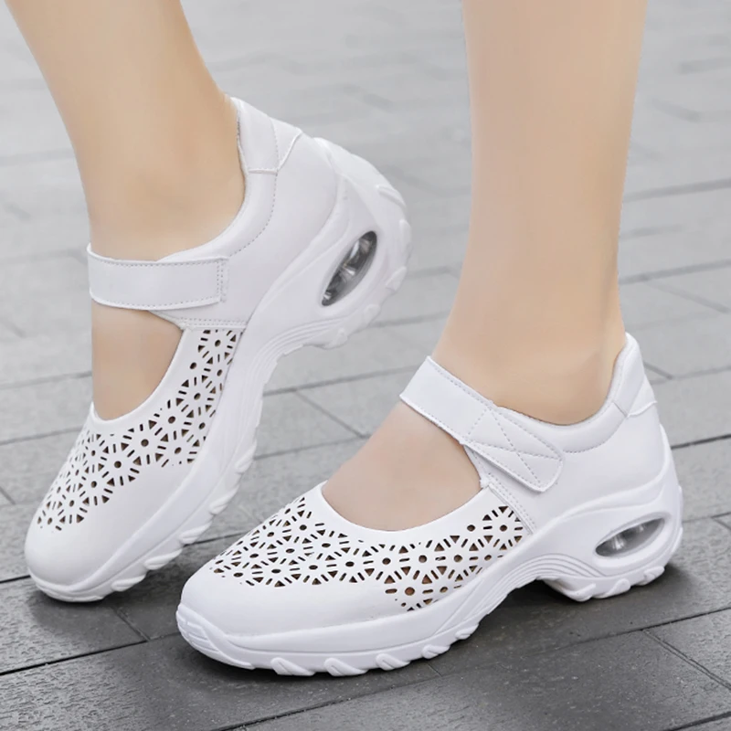 Women Walking Shoes Slip on Mary Jane Sneakers Air-cushion Lightweight Running Shoes Platform Outdoor Casual Sport Shoes Hollow