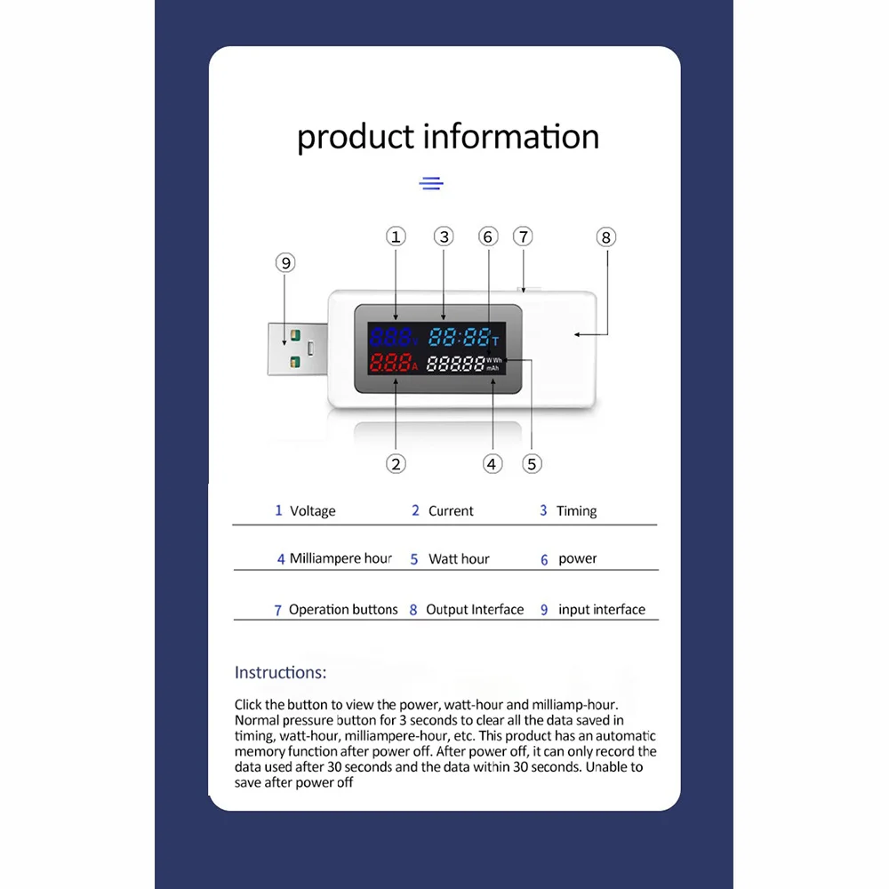 KYCOR-6 In 1 USB Tester DC4-30V IPS Display Digital Voltage Power Timing Capacity Meter Detector For Current, Voltage
