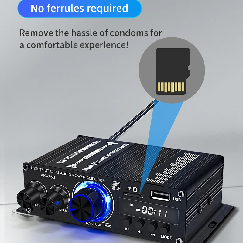 AK-360 Bluetooth 5.0 Car Home Audio Power Amplifier 2.0 Channel Home Mini Hi-Fi Class AB Amplifier with Bass and Treble Controls