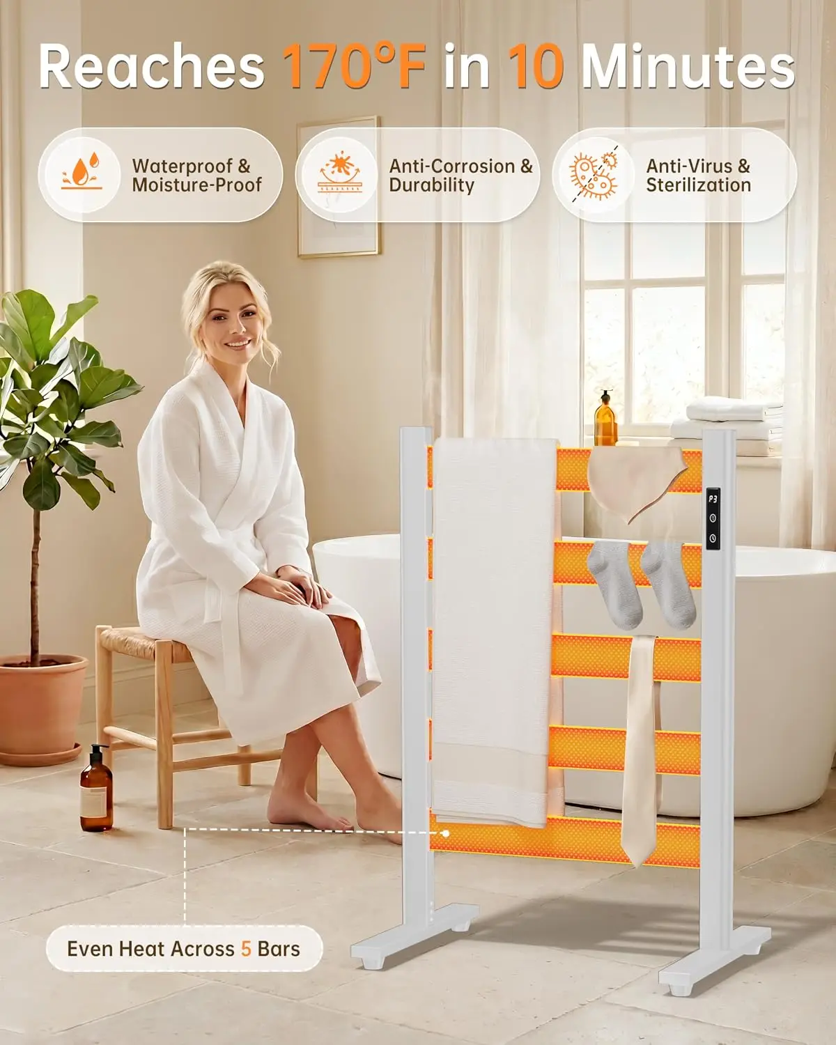 Freestanding Towel Warmer 5-Bar Space Aluminum Matte White | Fast 10-Minute Heating, Even Warmth, Adjustable Temperature