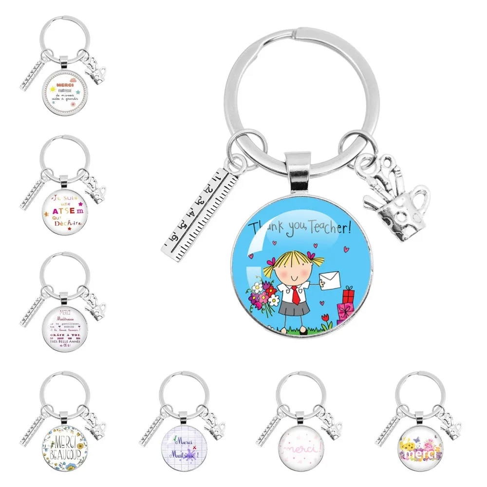 Teacher's day Merci Maitresse Gifts Thank You French Letter Word Keychain Ruler And Pen Holder Pendant DIY Keychain Gift