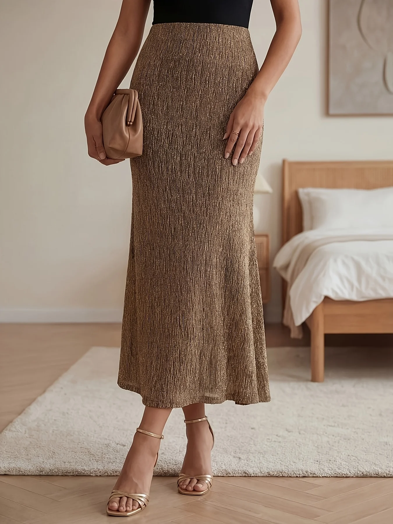 Damen-Freizeitkleid, elegant, einfarbig, mit elastischem Bund, halb langer Rock, modisch und bequem, Damenbekleidung. – Detail 4