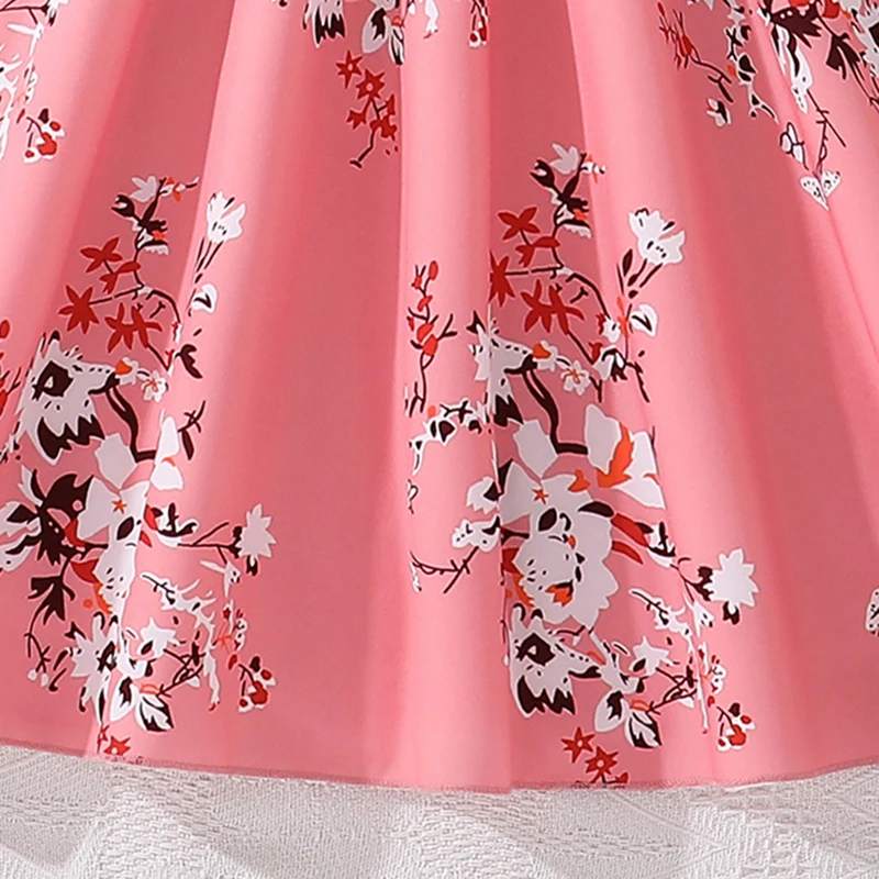 Kids Dress For Girls 8-12 Years Pink Sleeveless Printed Pleated Dress & Belt For Girls Sweet Style Birthday Party Princess Dress