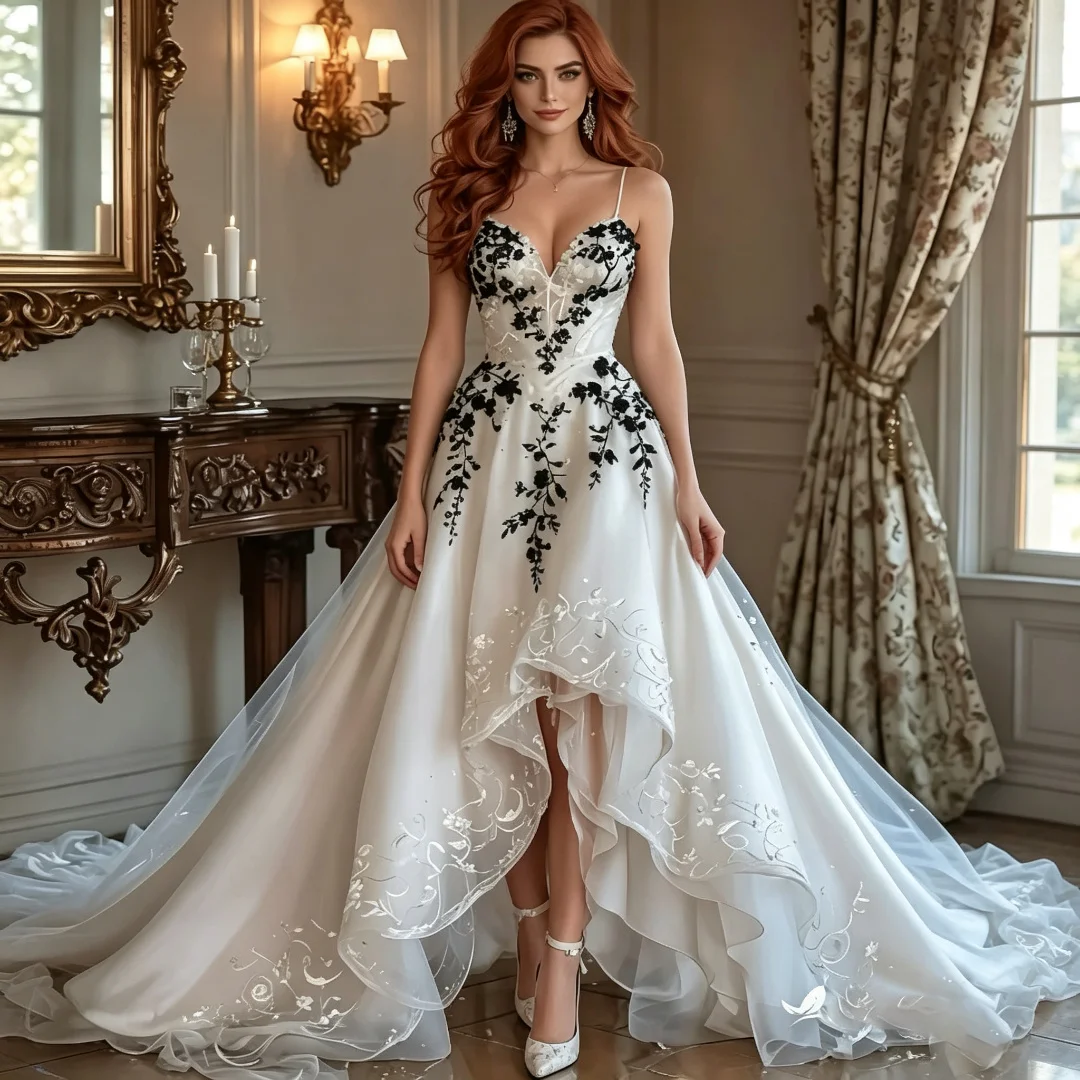 Gothic A Line Wedding Dress V Neck Spaghetti Strap Black Floral Applique High Low Tulle Bridal Gown Themed Wedding Customized