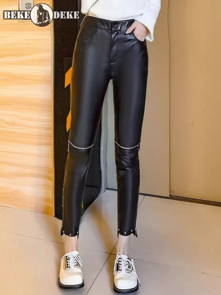 Women Slim Fit Sheepskin Genuine Leather Pencil Pants Ankle Length Trousers Casual Streetwear New Zipper Hollow Out Skinny Pants