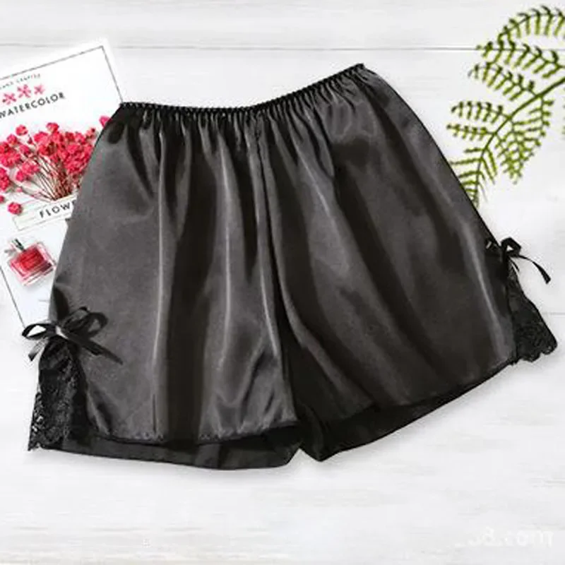 Women Spring Summer Satin Silk Lace Safety Shorts Pants Sweet Loose Elastic Home Sleep Shorts Nightwear Bottom Thin Pajamas