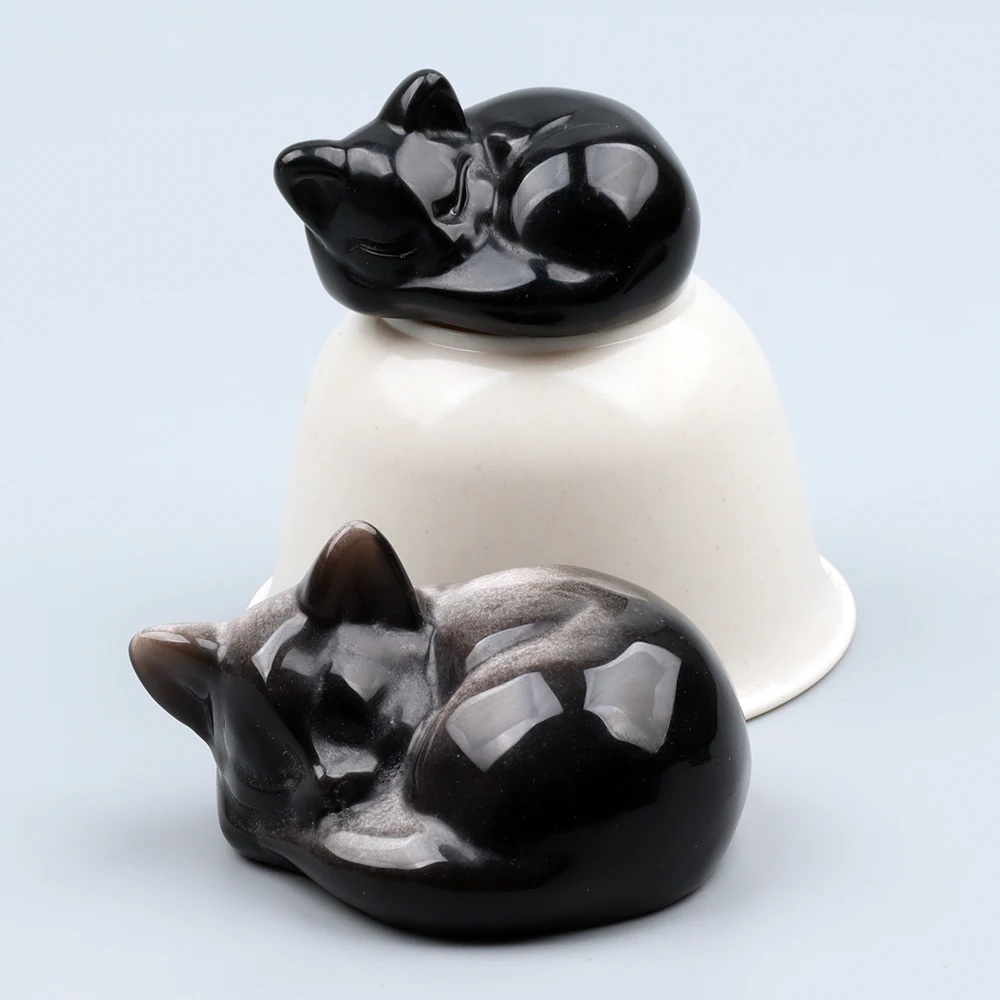 Big Size Silver Obsidian Sleeping Cat Crystal Carved Animal, Natural Stone, Mineral Healing Souvenir, Zoo Theme Decoration, 2.2