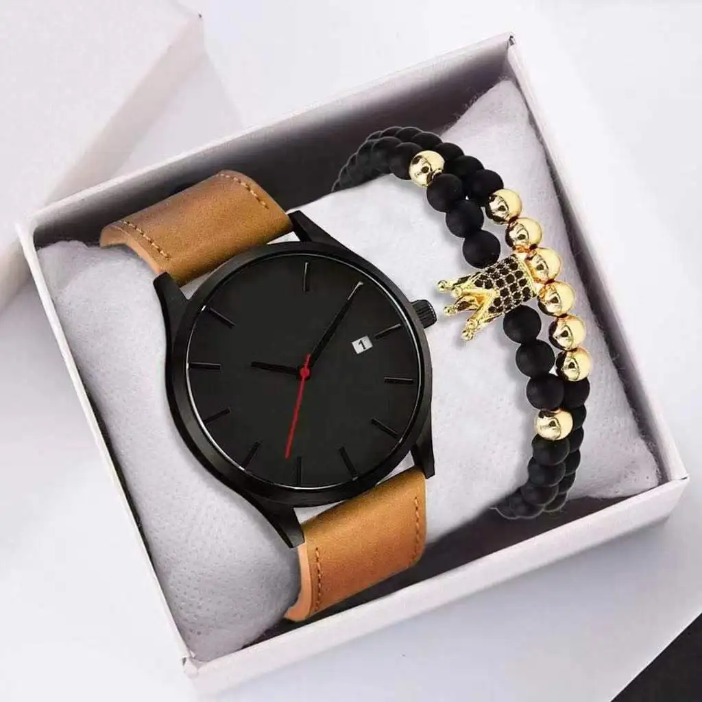 

Foreign trade men's casual fashion calendar belt watch explosive two-piece with bracelet gift set quartz men's watches