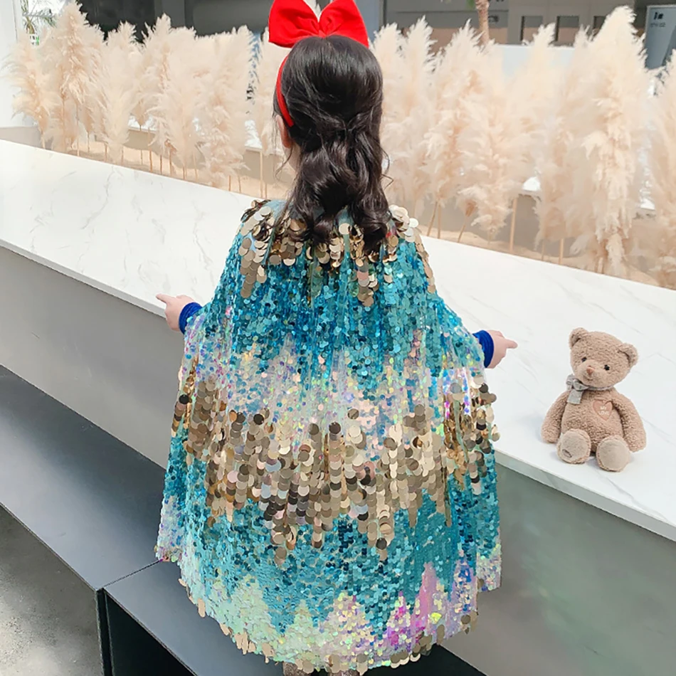 Girls Carnival Glitter Cape Child Birthday Party Mermaid Cosplay Shawl Baby Girl Clothes Kids Halloween Princess Sequin Cloak