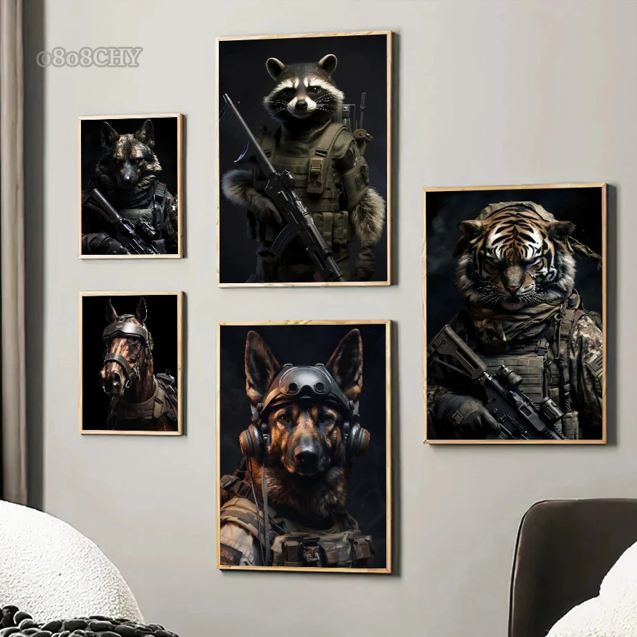 Animal Soldiers Posters Cool Animal Soldier Hawk Tiger Wolf Cat Canvas Prints Paintings Modern Wall Art Mural for Home Decor