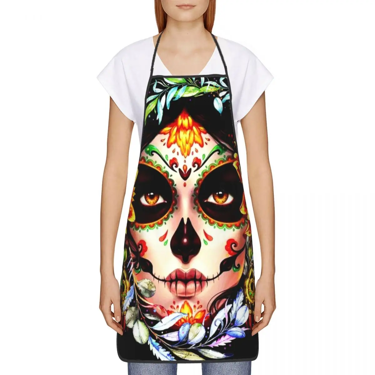 Custom Unisex Halloween Catrina Sugar Skull Bib Apron Chef Tablier Cuisine for Cooking Day Of The Dead Mexican Lady Baking