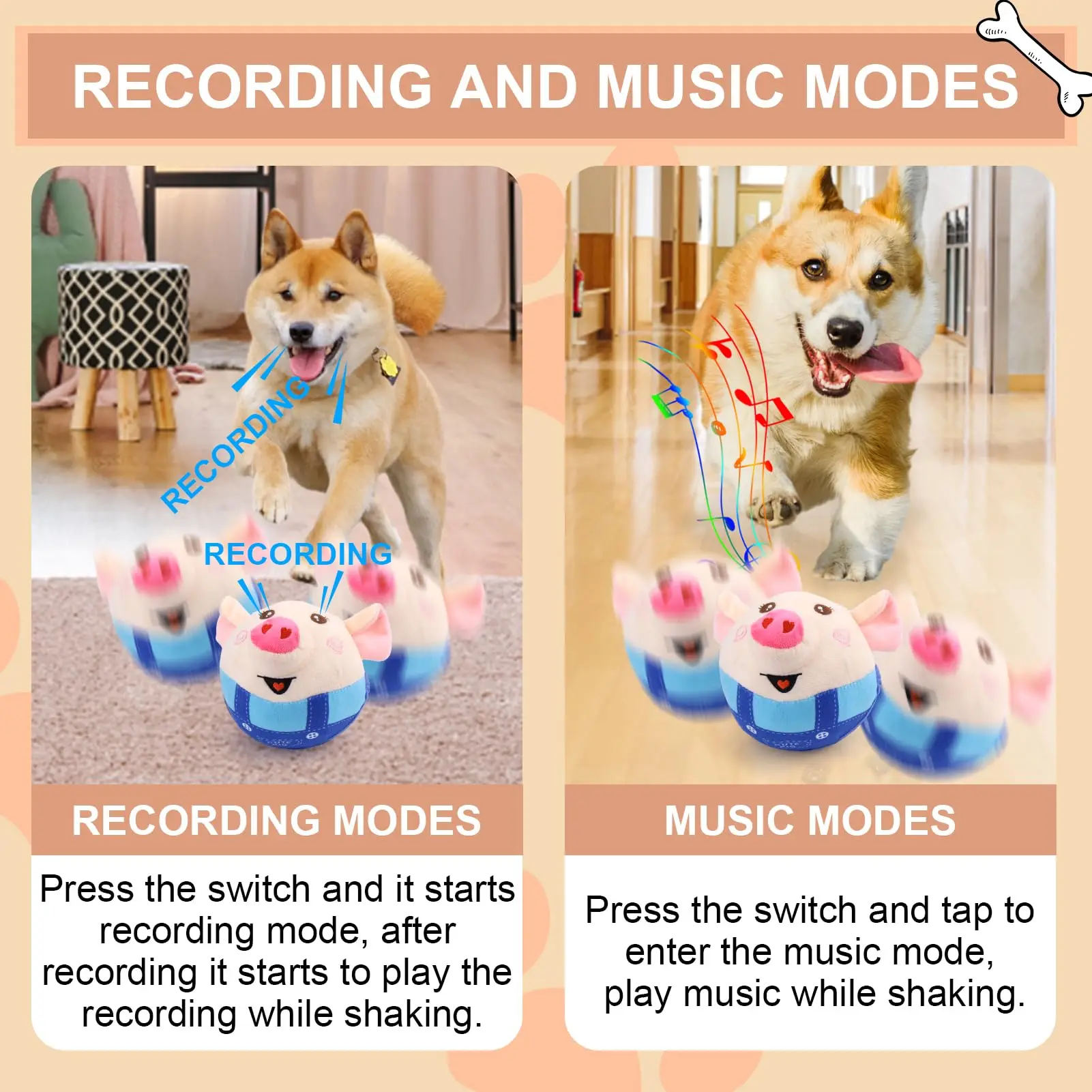 Interactive Dog Toy Pig, Jumping Squeaky Dog Toy with Recording and Music Mode, Suitable for Small/Medium/Large Dogs (Blue Pig)