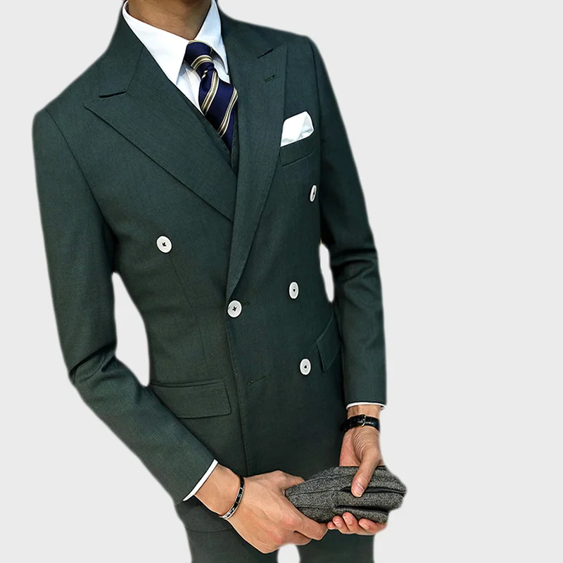 

Double Breasted Dark Green Business Suit Groom Tuxedos Slim Fit For Men Wedding Suit 3 Pcs Blazer Men Suits (Jacket+Vest+Pants )