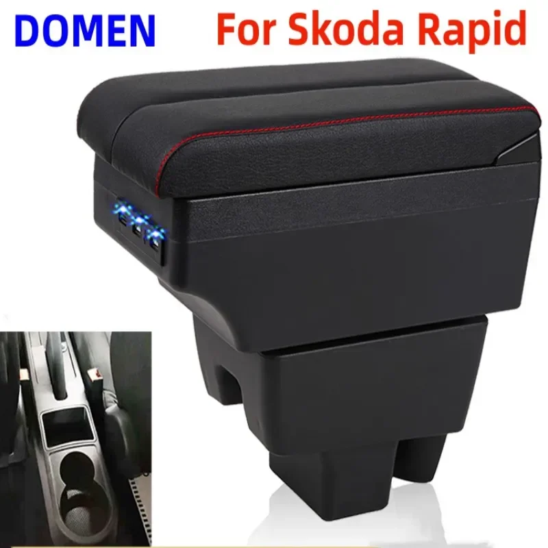 For Skoda Rapid Armrest Box Central Store Content With Retractable Cup Hole Large Space Dual Layer USB Charging