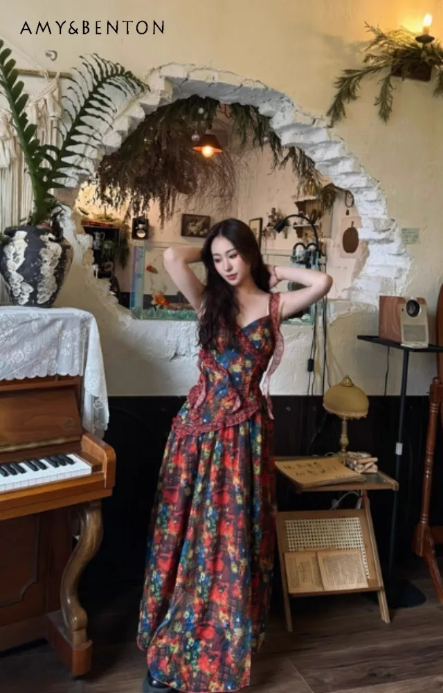 

Summer Feeling Beautiful Red Floral Suspender Long Dress Seaside Vacation Style High Waist Slim Dress Sleeveless Dress