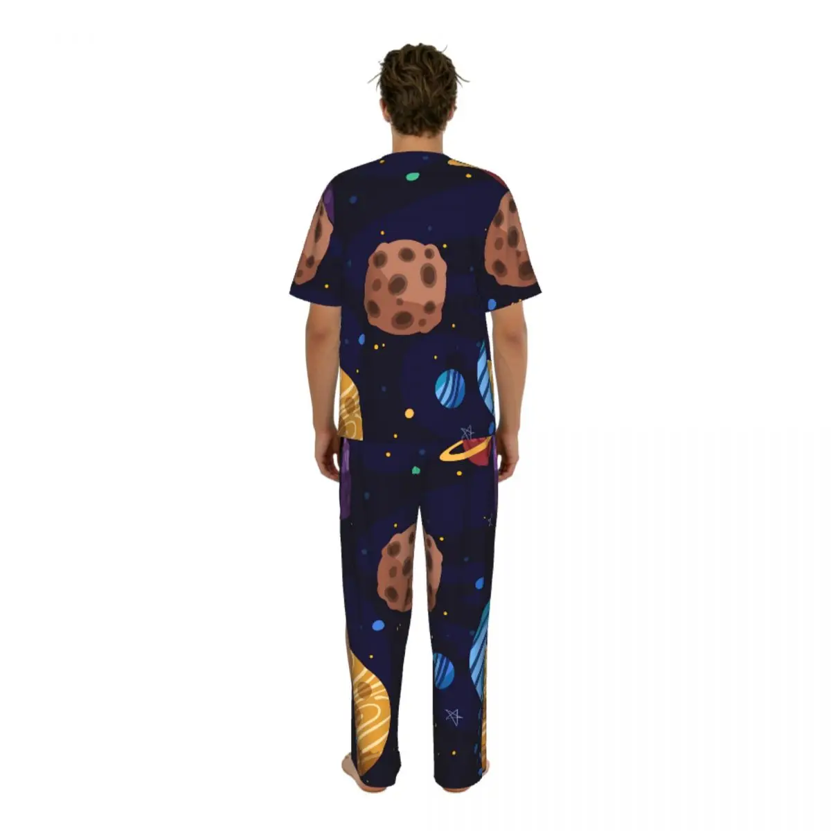 Men Pajamas Suit Short Sleeved Long Pants Cartoon Galaxy Sleepwear Summer Home Clothing Set view 4