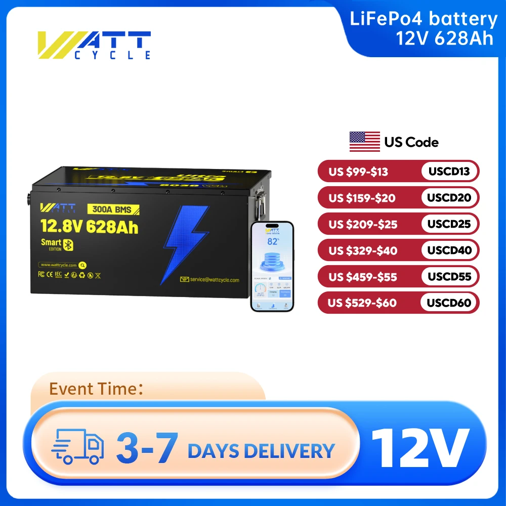 

WattCycle 12V 628Ah LiFePO4 Ultra Lithium Battery with Bluetooth Built in 300A BMS,8038Wh Energy for RV,Solar,Off Grid,Backup