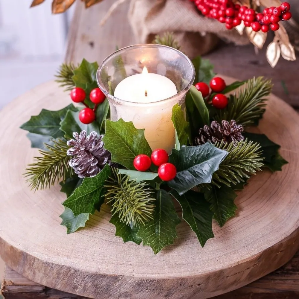 Artificial Pine Needle Christmas Candle Ring Red Berry Plastic Pillar Candle Garland Durable Versatile Table Centerpiece