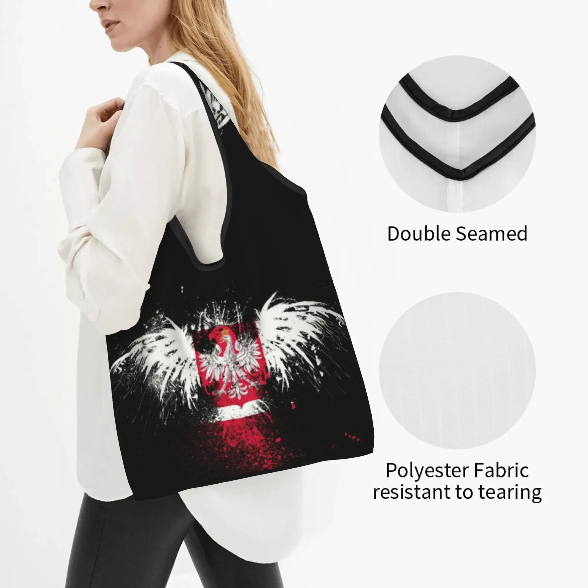 Flag of Poland Polska Eagle Grocery Shopping Bags Custom Shopper Shoulder Tote Bag Big Capacity  Polish Patriotism Handbag