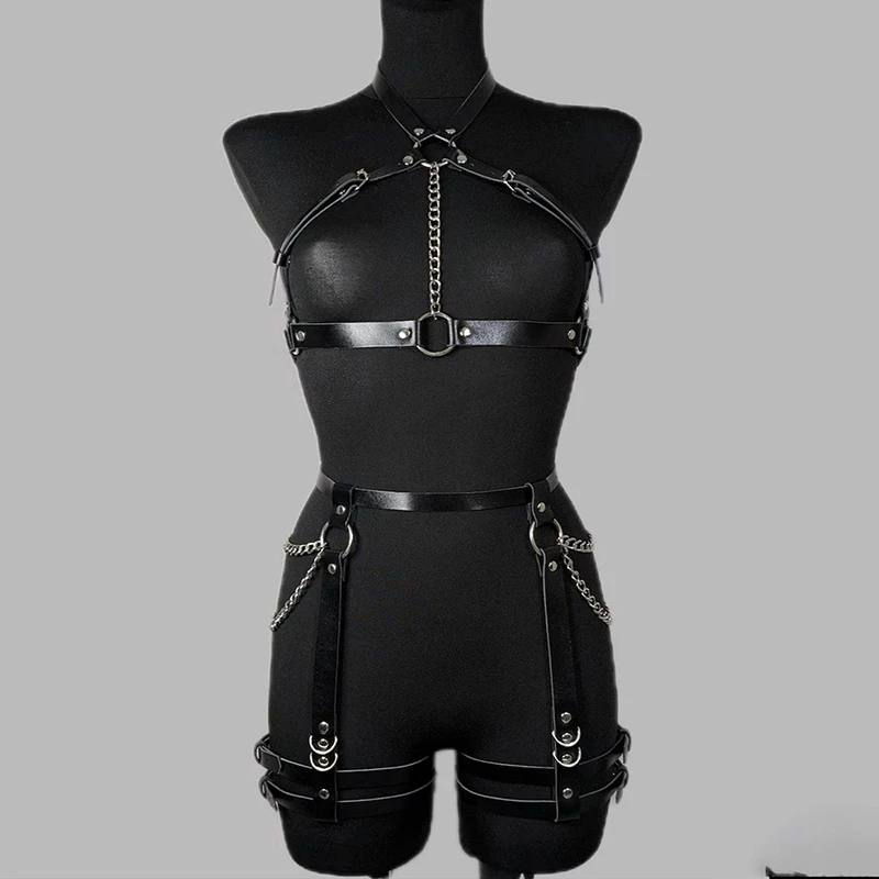 Gothic Punk Women Leather Body Harness Adjustable Chain Garter Harness Belt Ins Fashion Club Party Body Strap For Ladies