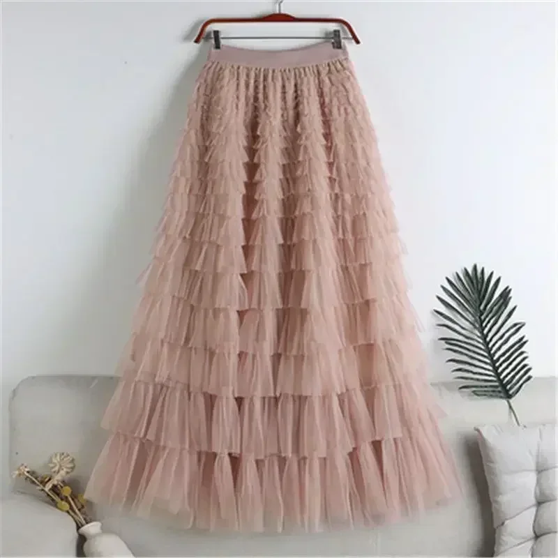 

Solid Casual Womens Ball Gown Long Skirt Tulle High Waist Pleated Tutu Skirt Elegant Ladies Wild Mesh Dating Maxi Skirts Drop