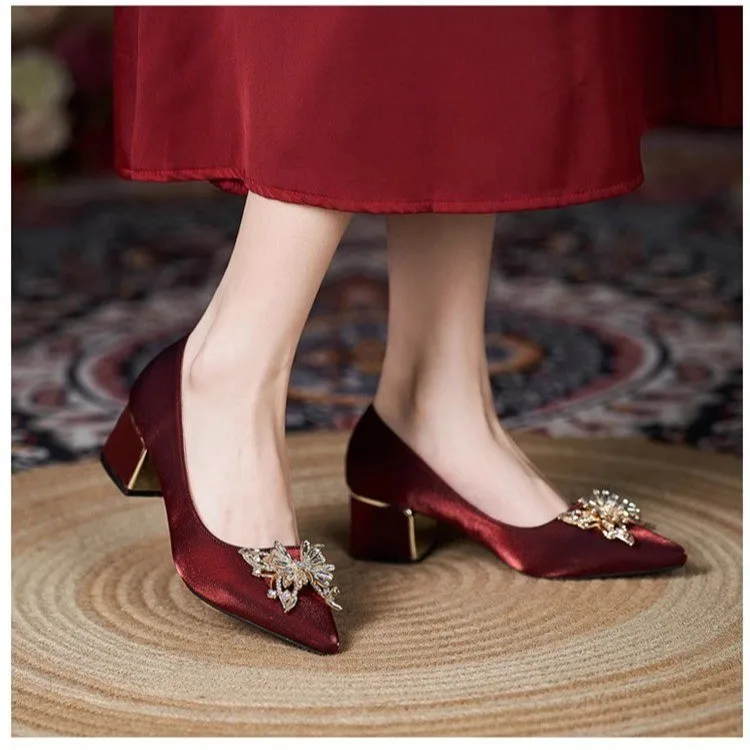 Women\'s Shoes High Heels Pointed Toe Thick Soled Sandals Lace Up 2024 Slip On Sexy High Heels Burgundy