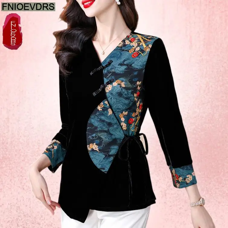 

Black Velvet Retro Vintage Peplum Tops New Design Women 2024 Autumn Winte Long Sleeve Tunic Embroidery Basics Shirts Blouses